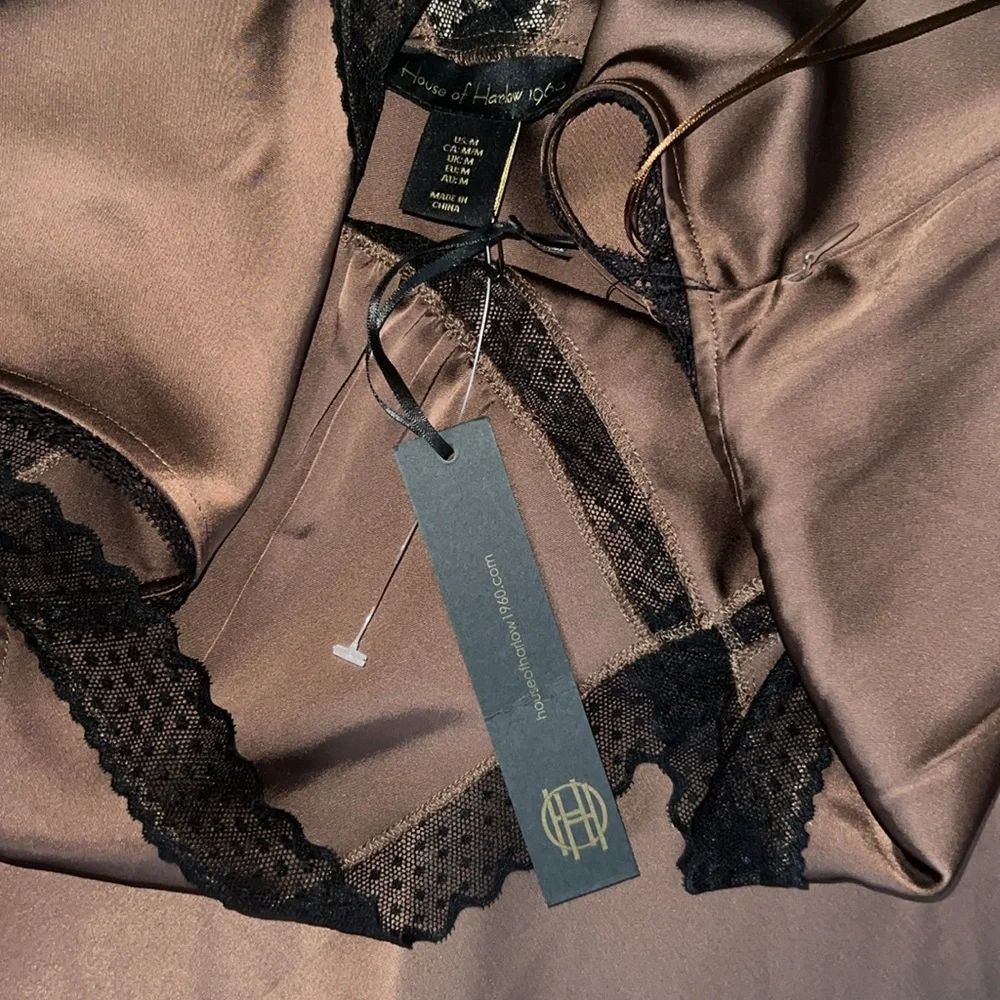 House of Harlow 1960 Brown Satin Black Lace Slip Dress - Picture 5 of 8